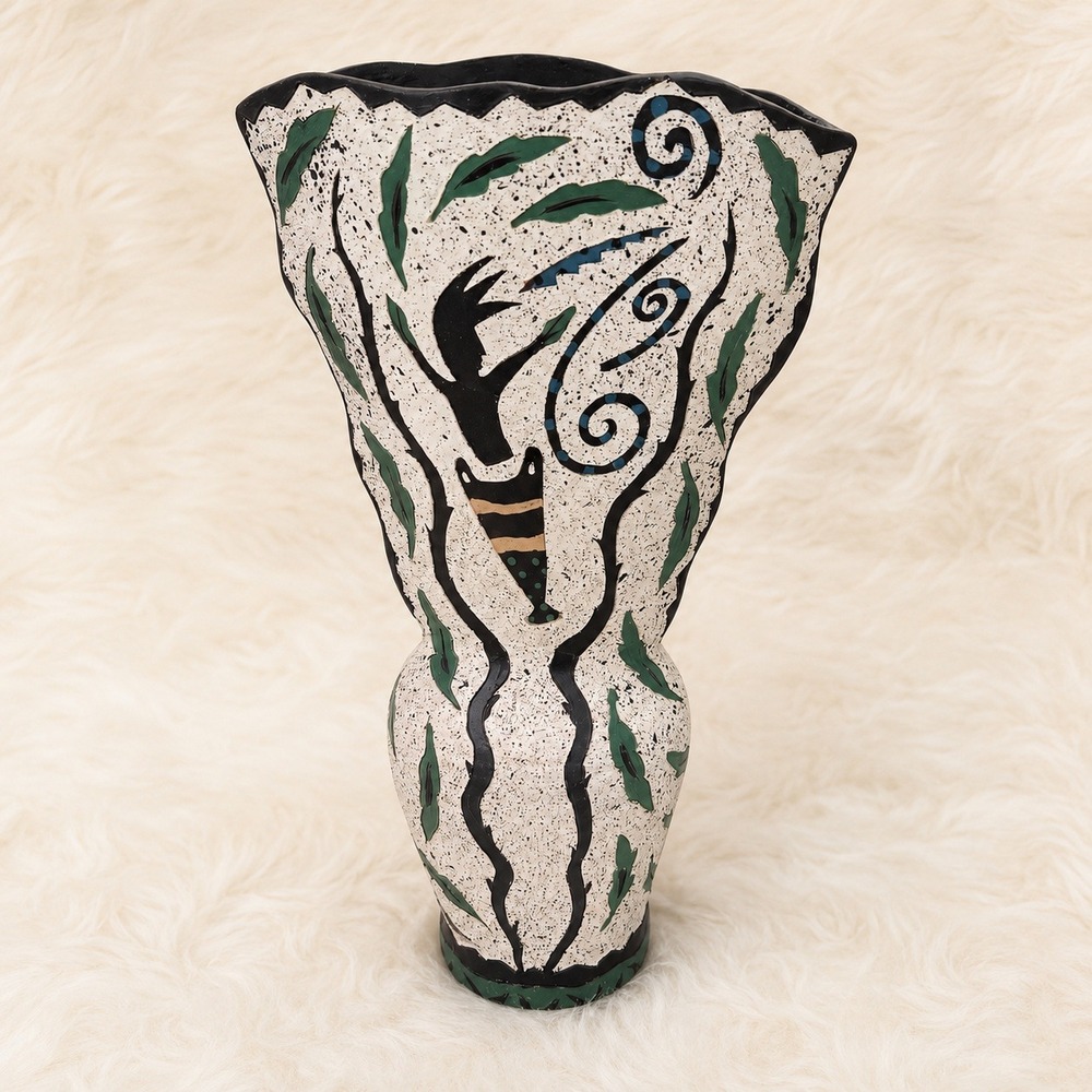 Studio Art Pottery Vase Signed Hand Painted Abstract Figural Speckled 14in Large